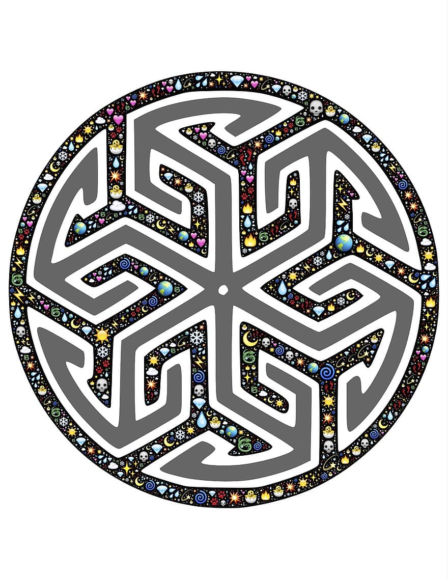 simbols, riteni, mandala, dizains, modeli, islams, reliģisks, mistisks, bultas, spieķi, emoji