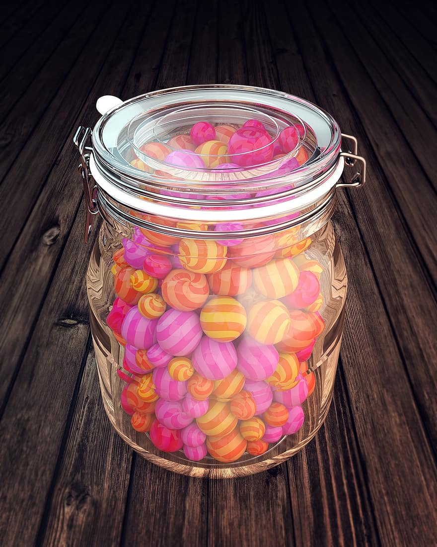 Candies, Jar, Childhood, Sweet, wood, multi colored, food, close-up, backgrounds, dessert, candy