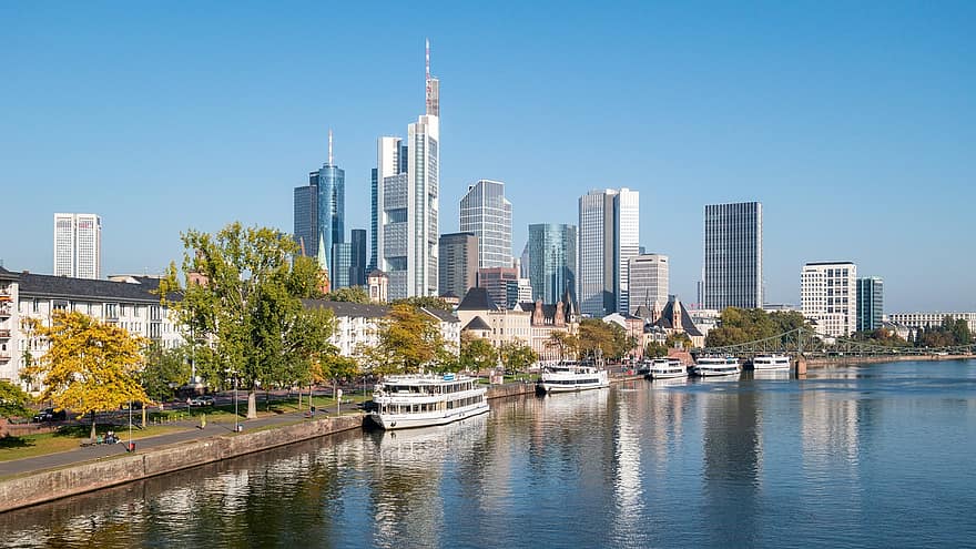 város, utazás, idegenforgalom, épületek, építészet, városi, folyó, Frankfurt, Németország, láthatár, felhőkarcoló
