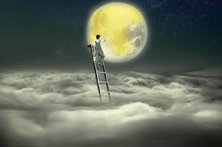 Fantasy, Painter, Moon, Sky, Clouds, Paint, Painting, Surreal, Photomontage, Photo Manipulation