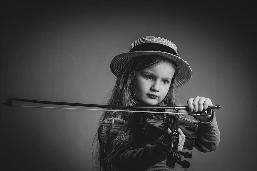 niñita, violín, monocromo, niña, niño, joven, hembra, infancia, modelo, música, instrumento musical