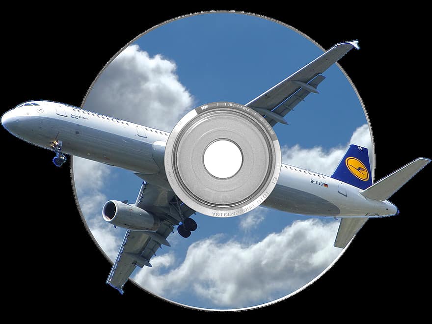 fotomontaż, Płyta CD, płyta DVD, latający, chmury, niebo, niebiański, muzyka, film, cyfrowy, podróżować