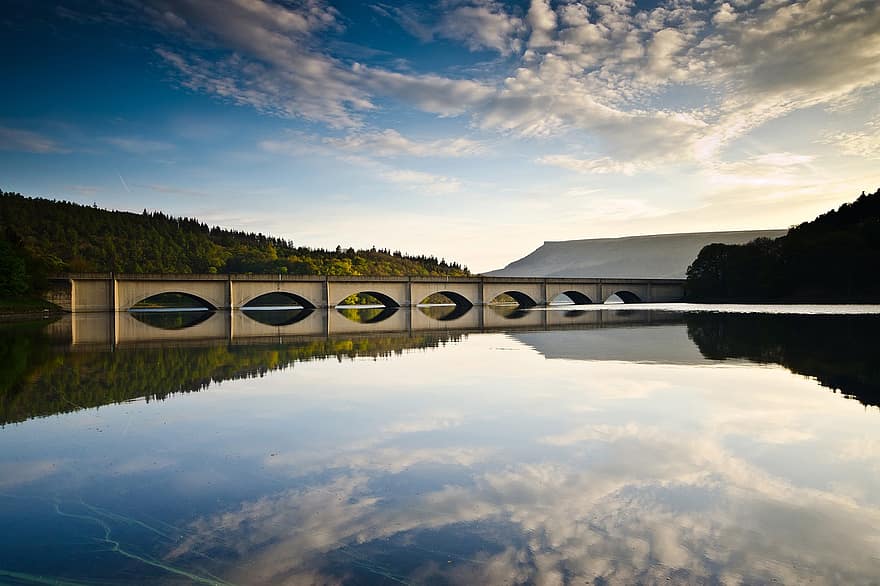 reservoir, brug, platteland, meer, water, water reflectie, landschap, toneel-, natuur, piek district, Peak District National Park