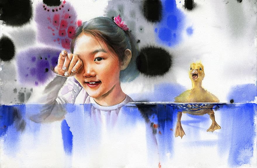 воден цвят, Портрет с акварел, акварел, акварелен портрет, портрети, изкуство, baekjunseung, патица, разпространяване, на децата, момиче