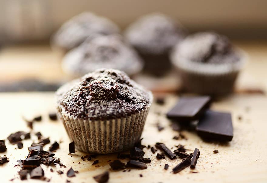 muffins, σοκολάτα muffins, φαγητό, κέικ, αρτοσκευάσματα, σοκολάτα, ζάχαρη άχνη
