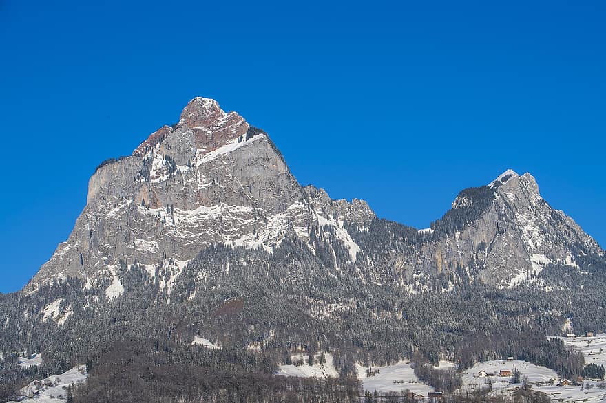 Mountains, Snow, Winter, Evening, Switzerland, mountain, mountain peak, landscape, blue, mountain range, ice