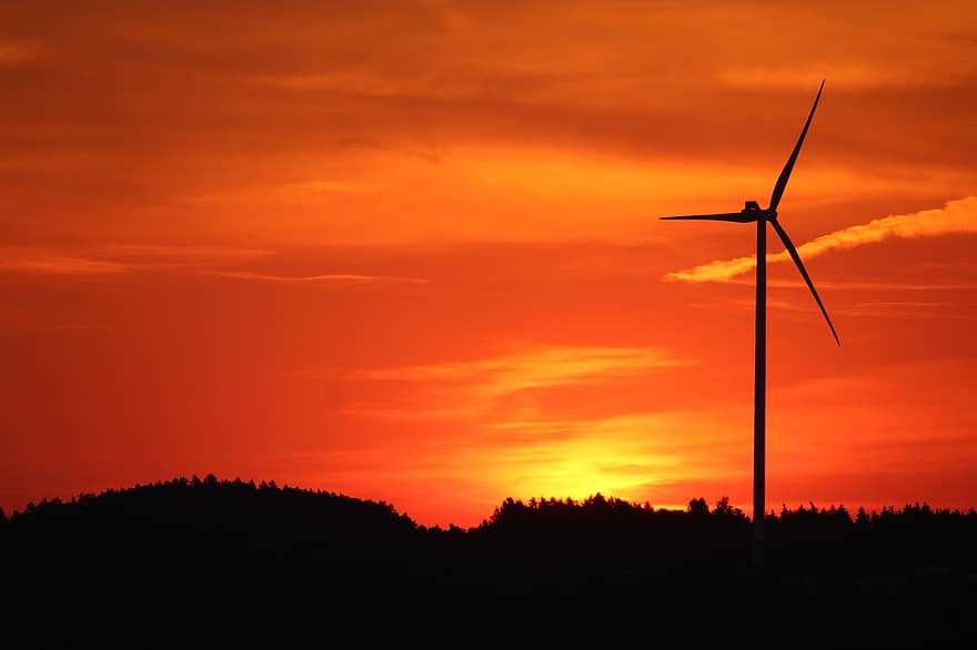 solnedgang, vindmølle, natur, landskap, vindkraft, miljø, skumring, vindturbin, drivstoff og kraftproduksjon, generator, silhouette