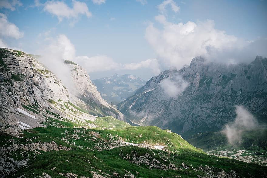 Suíça, natureza, montanhas, Alpes, viagem, exploração, montanha, verão, Pico da montanha, grama, panorama