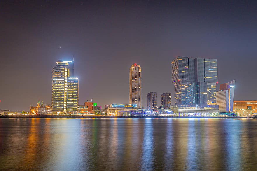 città, viaggio, turismo, Olanda, Rotterdam, acqua, baia, orizzonte, paesaggio urbano, notte, grattacielo