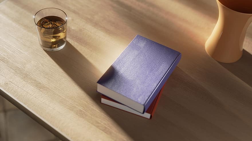 boek, blauw, tafel, whisky