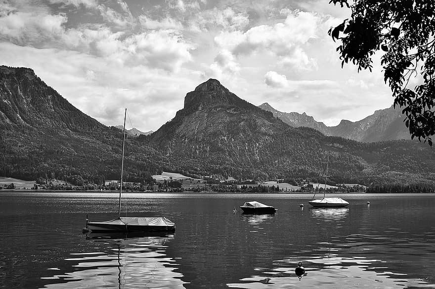 Lac, les montagnes, tranquille, calme, bateaux, paysage