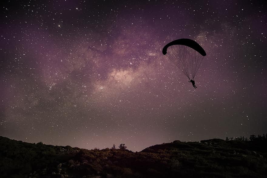 parapente, des sports, Activité récréative, parachute, en volant, vol, aventure, espace, étoiles, nuit, astronomie