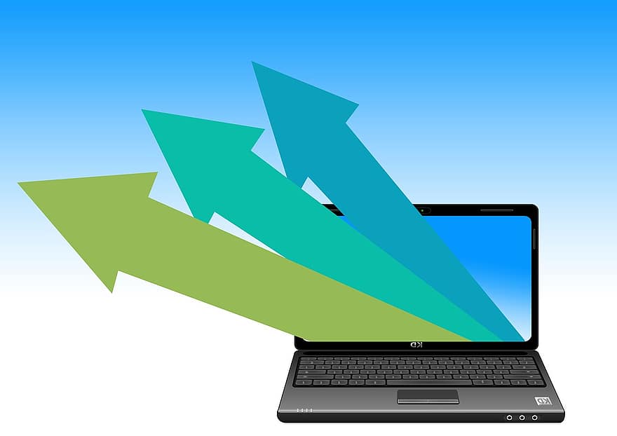 laptop, følge, pil, topp, suksess, blå, grønn, oppadgående, internett, www, datamaskin
