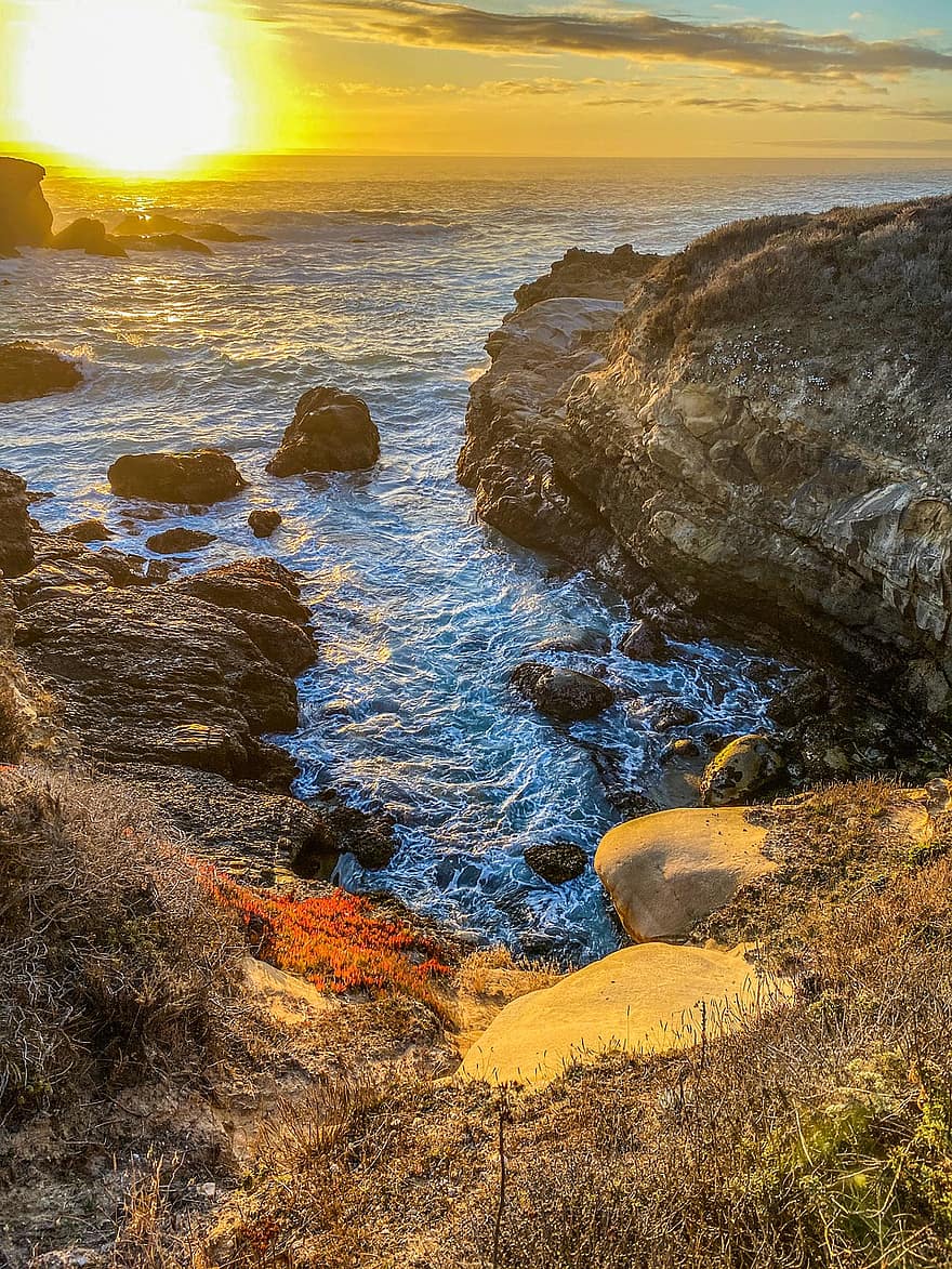 Point Lobos, deniz, gün batımı, sahil, Kayalık sahil, kıyı şeridi, kayalık, okyanus, dalgalar, kayaçlar, Güneş