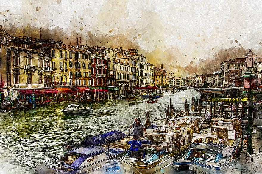 Venedig, stor, kanal, venezia, båtar, italienska, vatten, stad, vattenväg, Italien, venetiansk