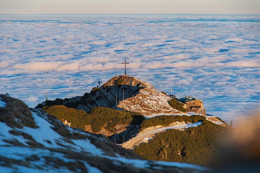 Mountains, Cross, Unterberg, Alpine, Alps, Sea Of Clouds, Clouds, Summit, Peak, Landscape, Fog