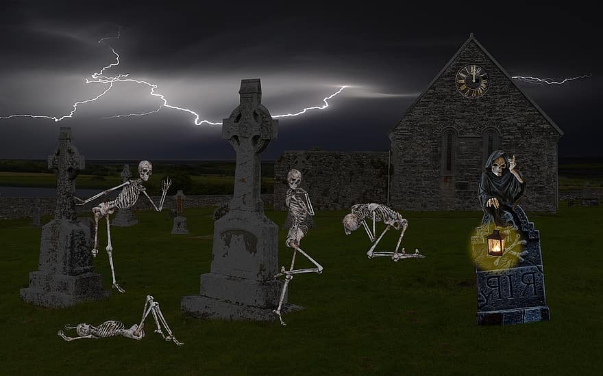 esqueleto, espíritu, cementerio, extraño, Víspera de Todos los Santos, fantasmas, mítico, cuadro, de miedo, horripilante, místico