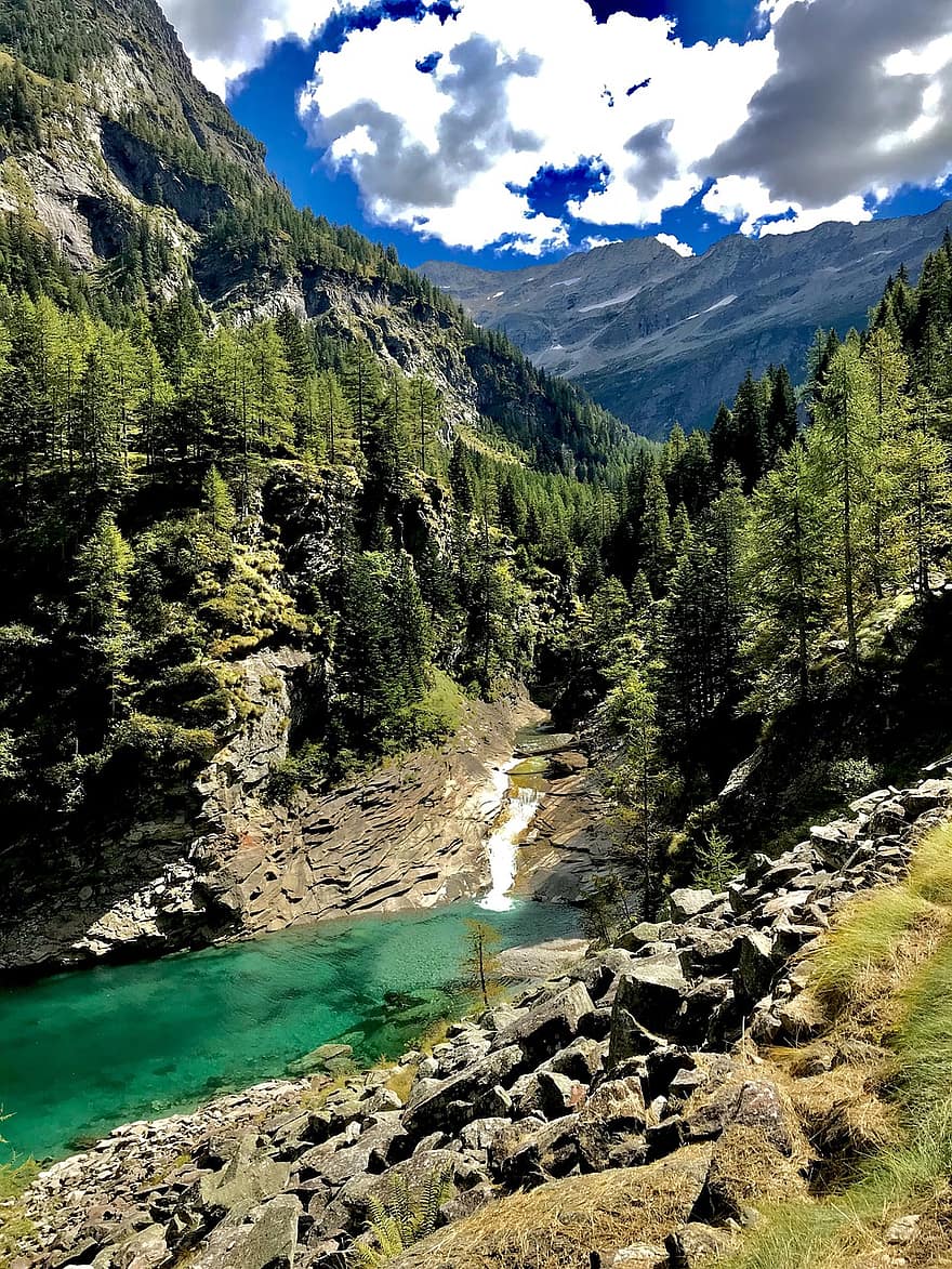 川、Lago Di Campliccioli、山岳、ピエモンテ、アルタヴァッレアントロナ自然公園、自然、アントロナ・シエラコ、イタリア、山、森林、緑色