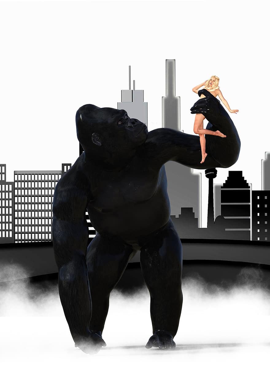 King Kong, orizzonte, donna, città, mostro, silhouette, architettura, grattacieli, case, umano, costruzione
