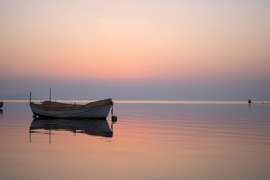 Boat, Sea, Sunset, Horizon, Ocean, Seascape, Reflection, Mirroring, Mirror Image, Vessel, Wooden Boat