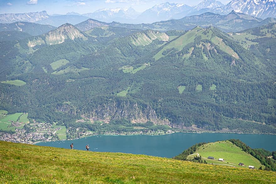 山、湖、オーストリア、風景、海、旅行、自然、草、夏、山頂、牧草地