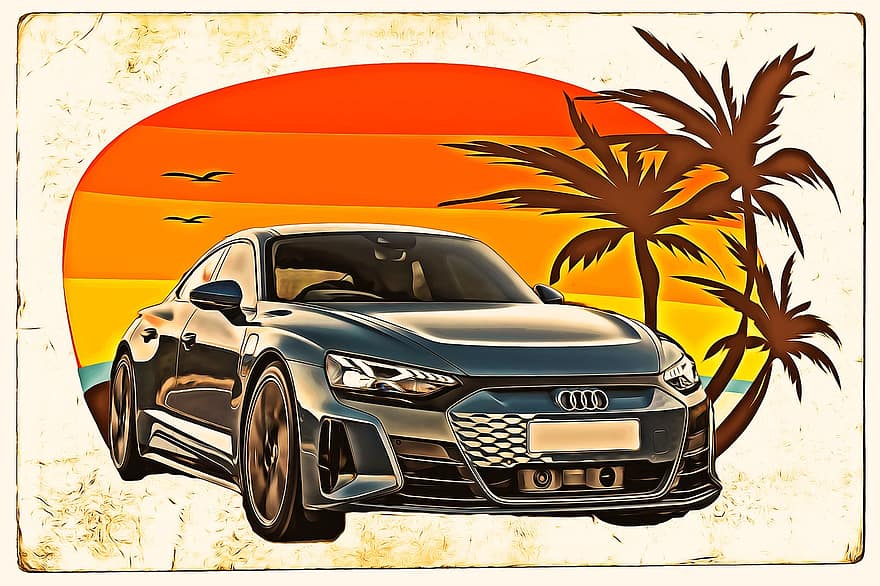 Audi, Automobile, Vehicle, Sports Car, Audi Car, Luxury Car, Vacations, Palm Trees, Drawing, Postcard, car