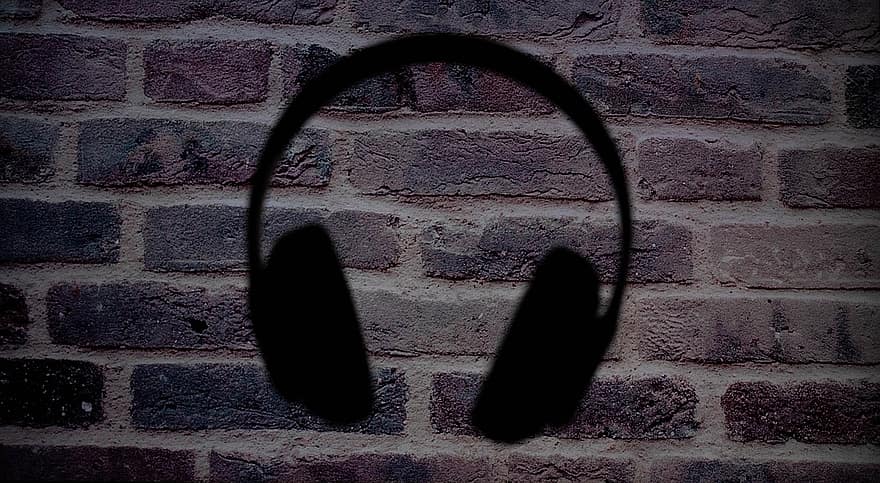 हेडफोन, संगीत, ईंटो की दीवार, ईंट की दीवार पृष्ठभूमि, साया, सिल्हूट, हेडसेट, ऑडियो, ऑडियो उपकरण, धड़कता है, ध्वनि