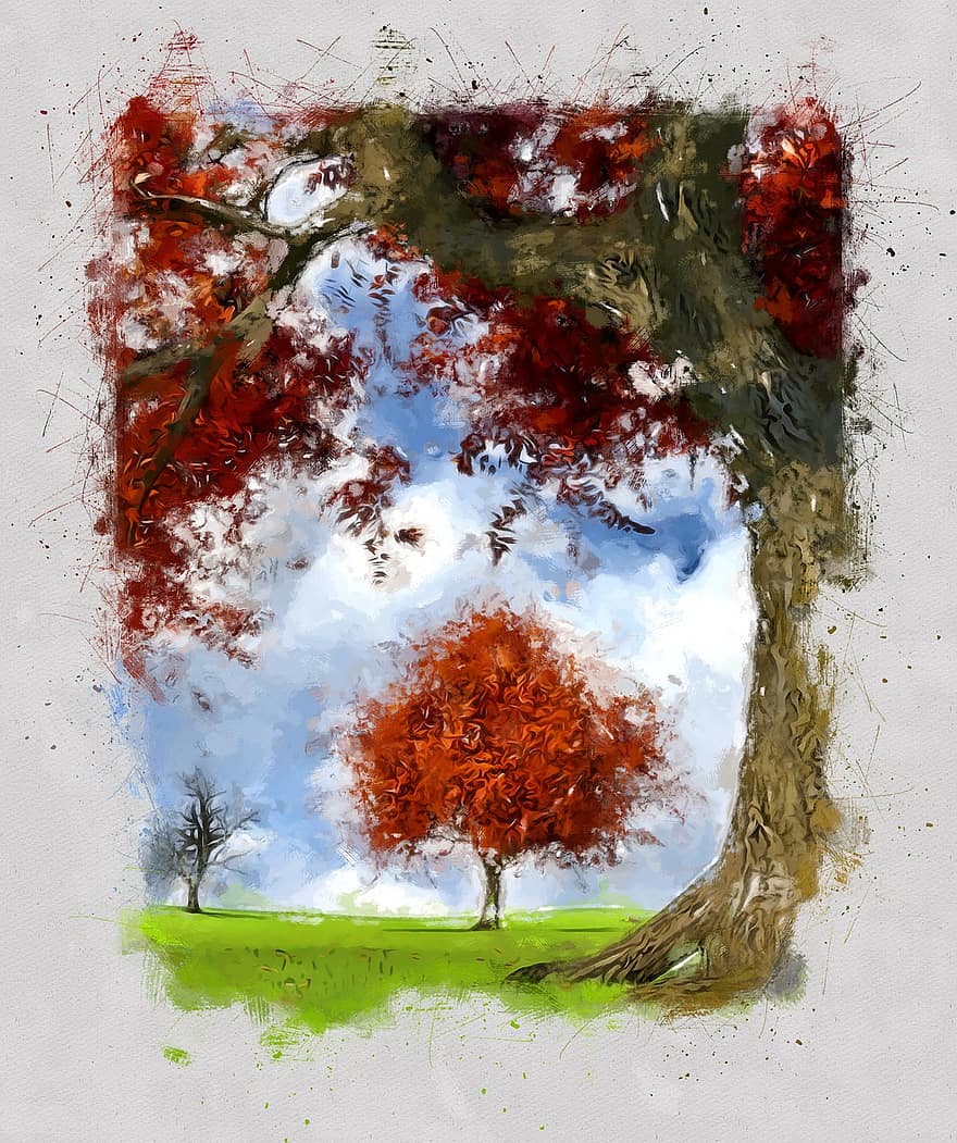 طبيعة ، الخريف ، الأشجار ، رسم ، الموسم ، خريف ، خلفية ، لوحة ، شجرة ، توضيح ، ورقة الشجر