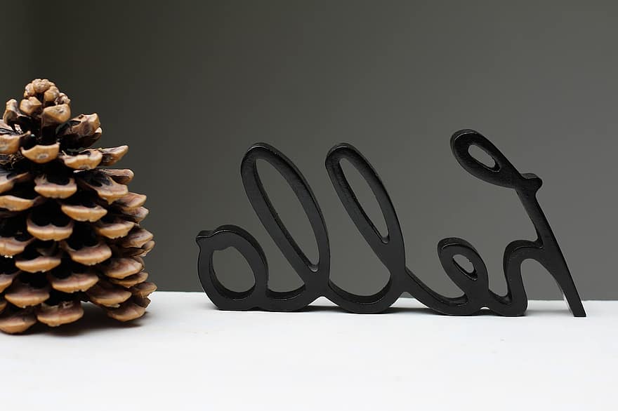 Hello, Pine Cones, Welcome, Lettering, Handwriting, Christmas, Autumn, Black, Brown, Word, Deco