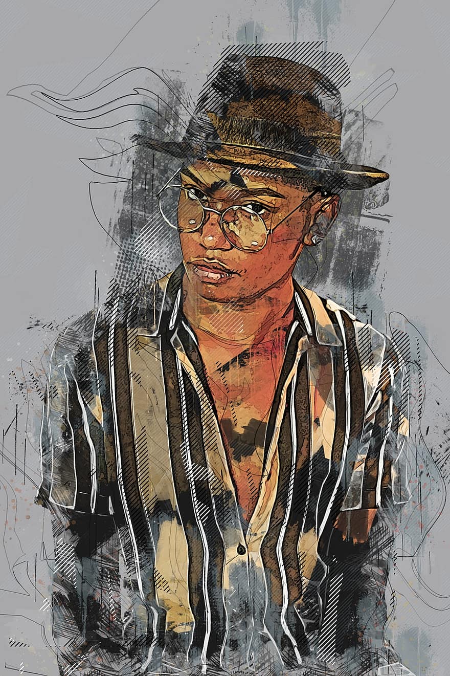 cilvēks, vīrietis, modeli, afrikāņu, cepure, brilles, portrets, radošumu, vīriešiem, ilustrācija, pieaugušais