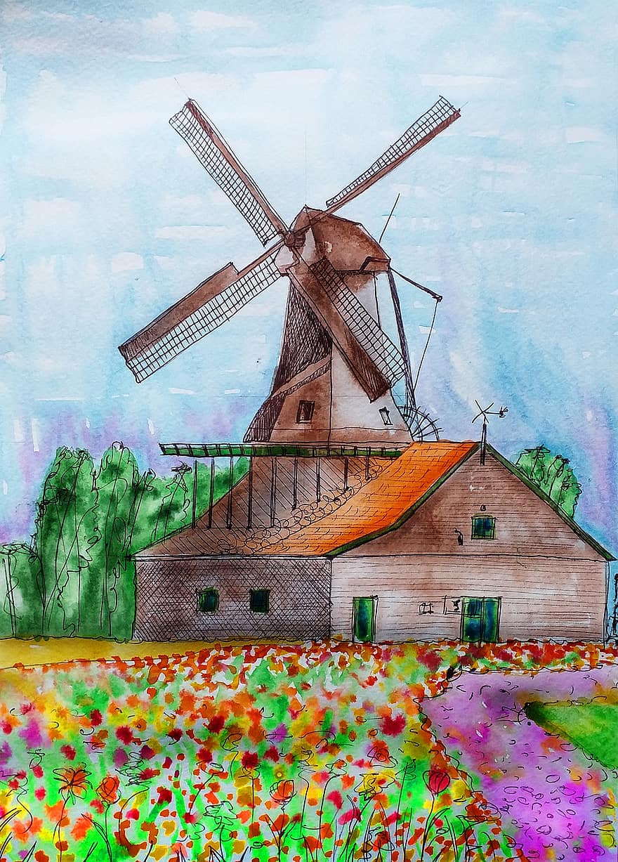 moinho, Holanda, Países Baixos, tulipas, campo, flores, natureza, céu, panorama, antiguidade