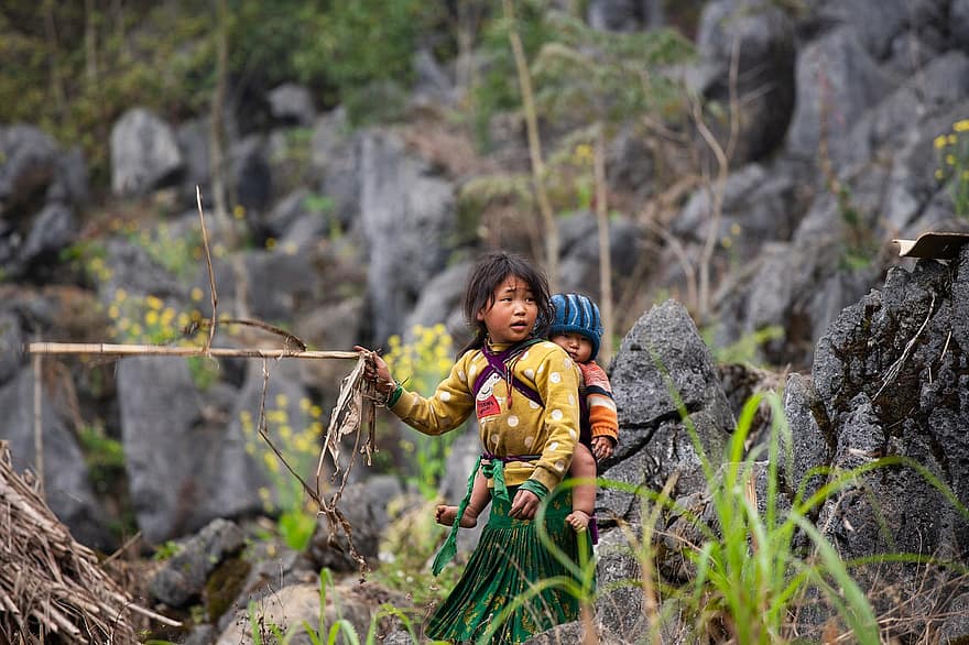 portrét, cestovat, patří k etnické menšině, ha giang, děti, Vietnam