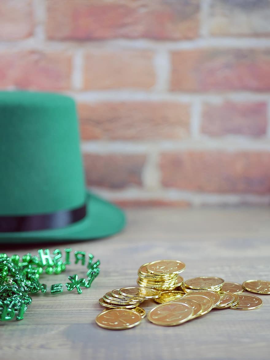 성 패트릭의 날, 아일랜드의, 토끼풀, 클로버, 팻의, 패디의, 축하, 파티, 녹색, 운이 좋은, 동전