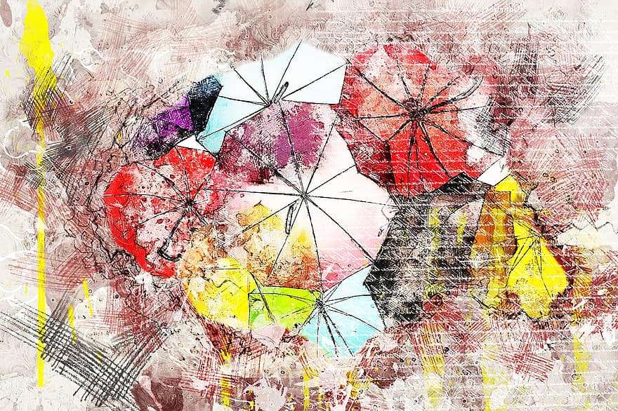 paraguas, vistoso, Art º, resumen, acuarela, collage, vendimia, artístico, diseño, salpicadura de pintura, álbum de recortes