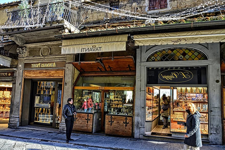 Florencija, juvelyrikos parduotuvė, miestas, Italija, gatvė, vyrai, miesto gyvenimas, mažmeninė, saugoti, redakcinis, žinoma vieta