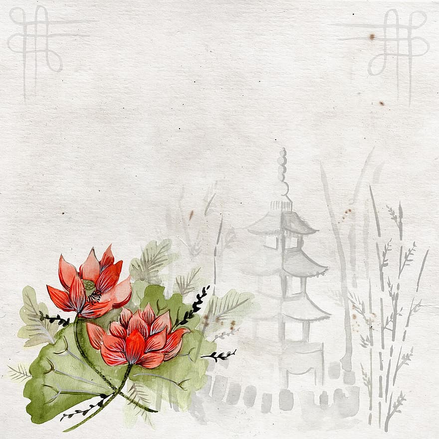Background, Scrapbook, Paper, Asian, Flowers, Grey, Page, Watercolor, Rose, Red, Leaves
