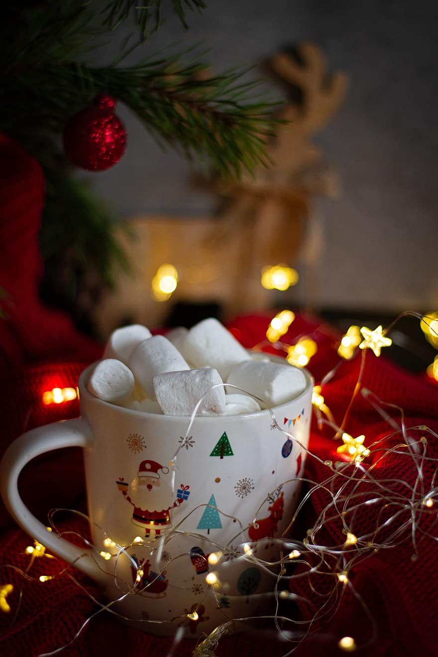 boccale, luci di Natale, marshmallow, cibo, bere, coperta rossa, bevanda, Natale, palla di Natale, stella, fronzolo