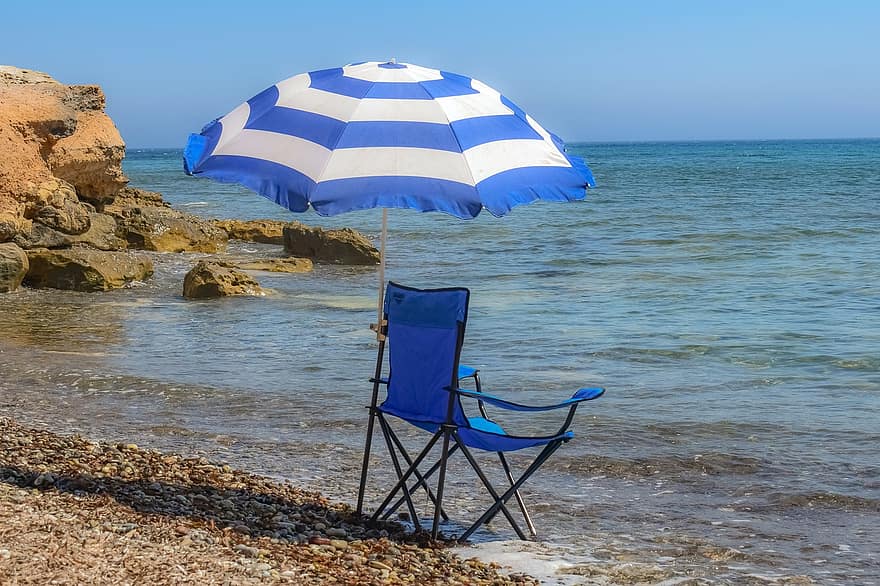 Beach, Sea, Umbrella, Chair, Blue, Summer, Vacation, Relax, Relaxing, Holidays, Melanta