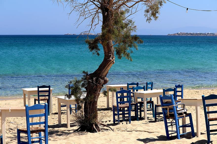 tawerna, plaża, Grecja, Cyklady, naxos, krzesła, stoły, restauracja, lato, piasek, wakacje