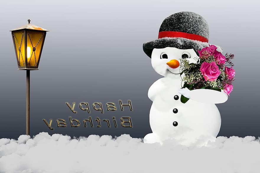 gimtadienio kortele, žiemą, sniego žmogus, atvirukas, gėlės, rožės