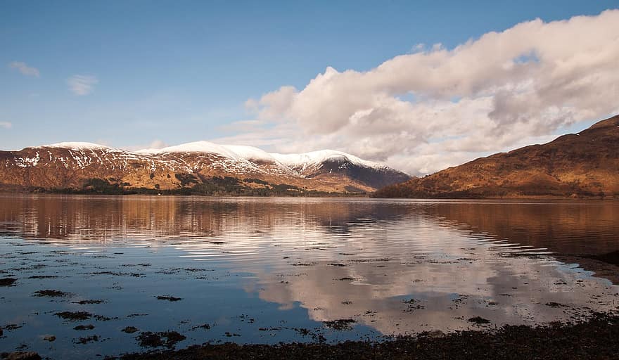 innsjø, fjellene, refleksjon, speiling, speilbilde, bank, shore, snødekte fjell, Skottland, høylandet, landskap