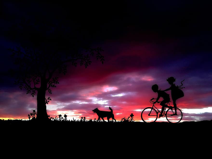 çocuklar, bisiklet, bisiklet sürmek, abendstimmung, boş, eğlence, oyun, Akşam gökyüzü, peri masalı, peyzaj, doğa