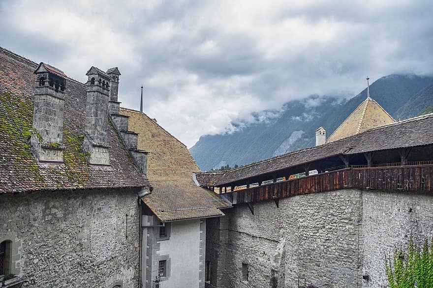 paisaje, castillo, antigüedad, querido, nubes, Suiza, montañas, arquitectura, antiguo, techo, exterior del edificio