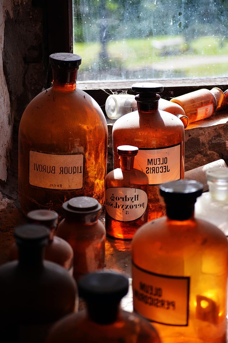 flasker, medisin, apotek, glass, apoteker, gammel, farmasøytisk, alkymi, ingredienser, vitenskap, fra middelalderen
