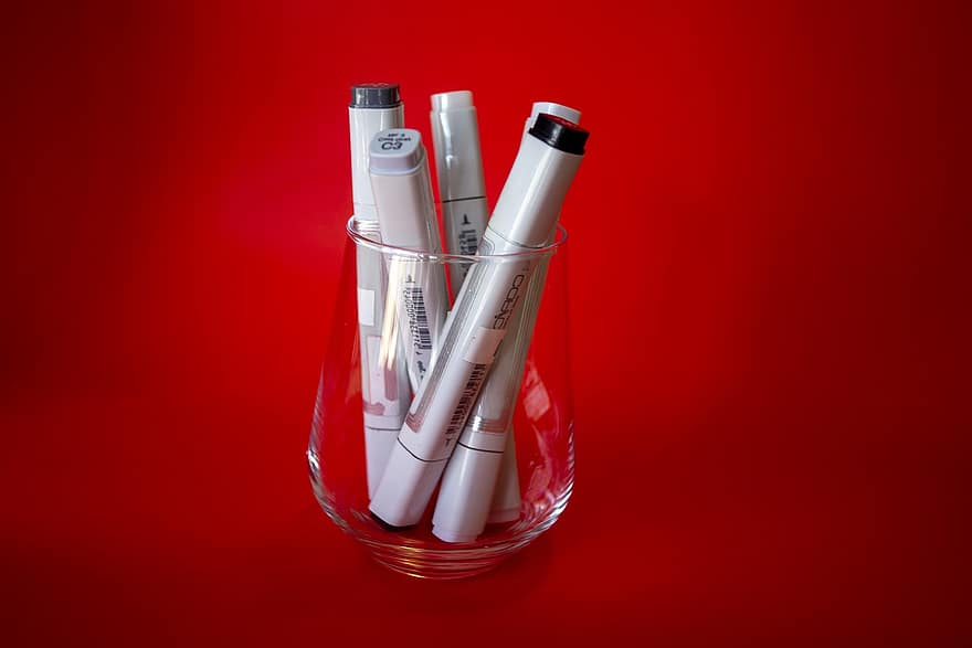 Markers, Pens, Stationery, Art, Craft, Supplies, Drawing, Writing, Holder, Glass, Container