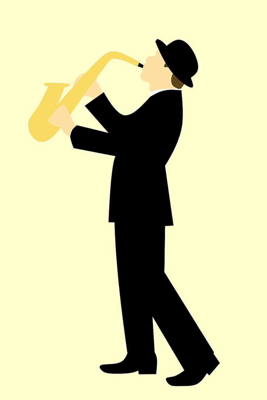 saxofonista, homem, jazz, saxofone, terno, branco, músico, desempenho, Preto, corpo todo, música