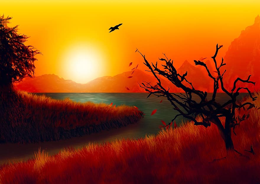Fantasy, Sun, Trees, Meadow, Lake, Mountains, Adler, Sunrise, Template, Yellow, Red