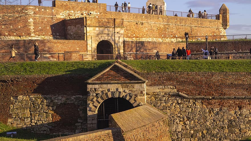 fästning, vägg, turister, människor, strukturera, medeltida, arkitektur, turism, utomhus, stad, belgrad