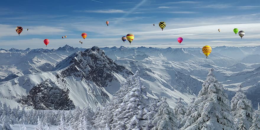 heteluchtballon, bergen, winter, sneeuw, reizen, avontuur, ballonvaart, top, landschap, natuur, heteluchtballon rijden