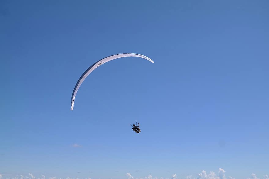 paragliding, obrazovka, létající, klouzat, krajina, nebe, modrý, prázdnin, letní, mraky, volný čas